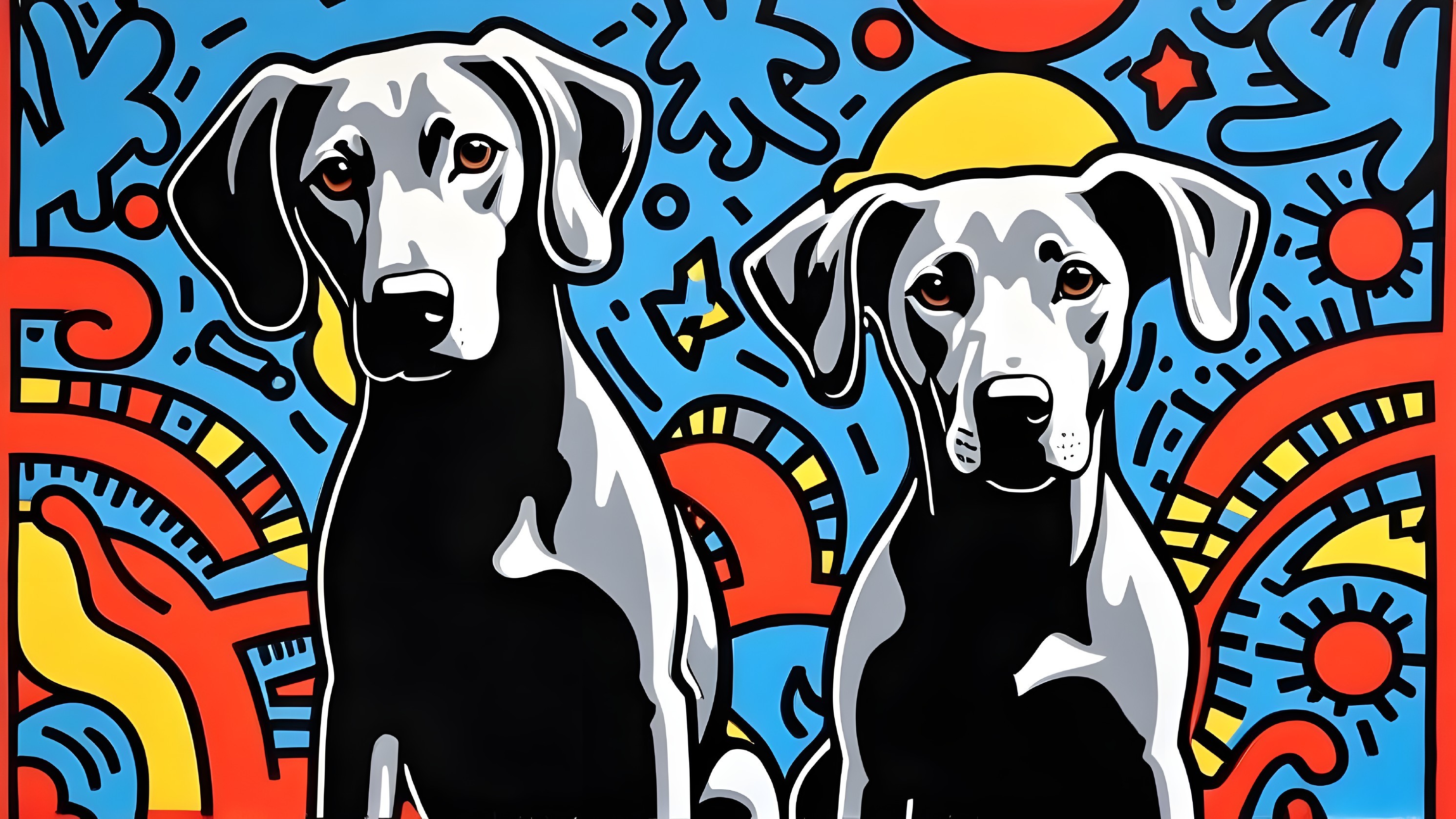 Stylized Gray Dogs Against Vibrant Abstract Background