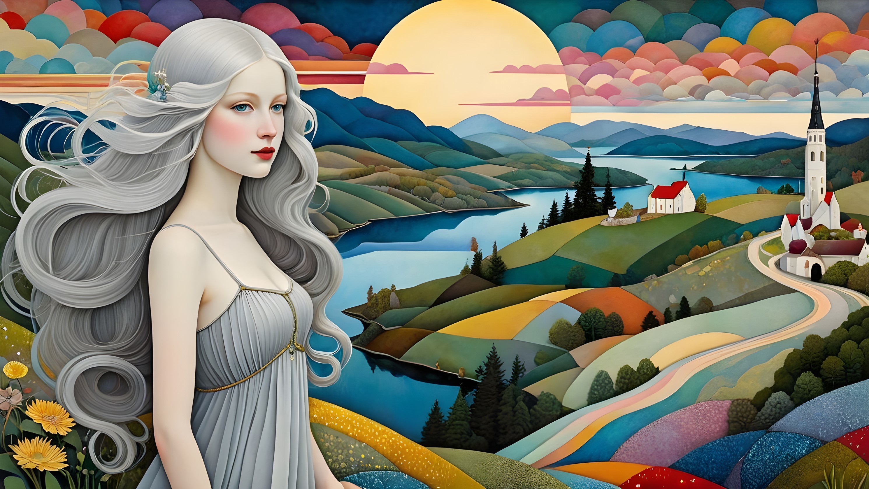 Serene landscape with hills, river, and vibrant flowers