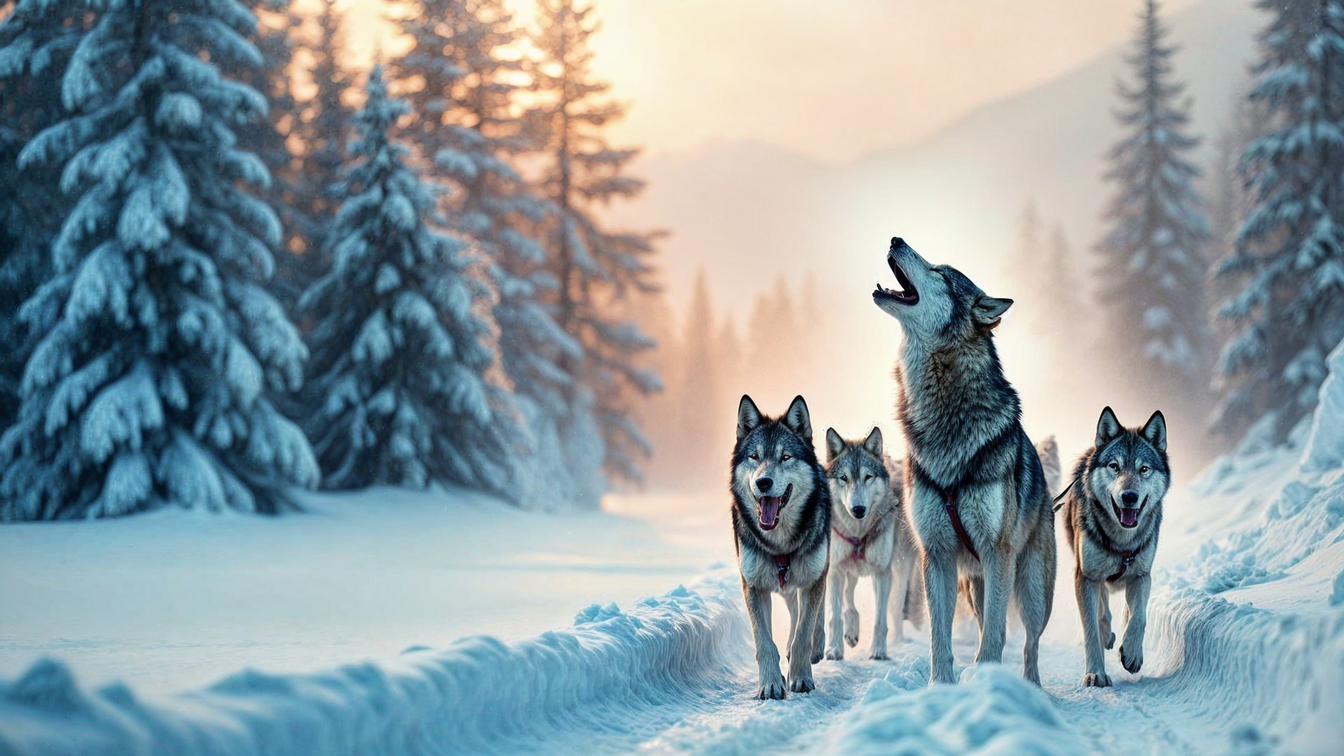 Wolves Howling in a Snowy Pine Forest at Sunrise
