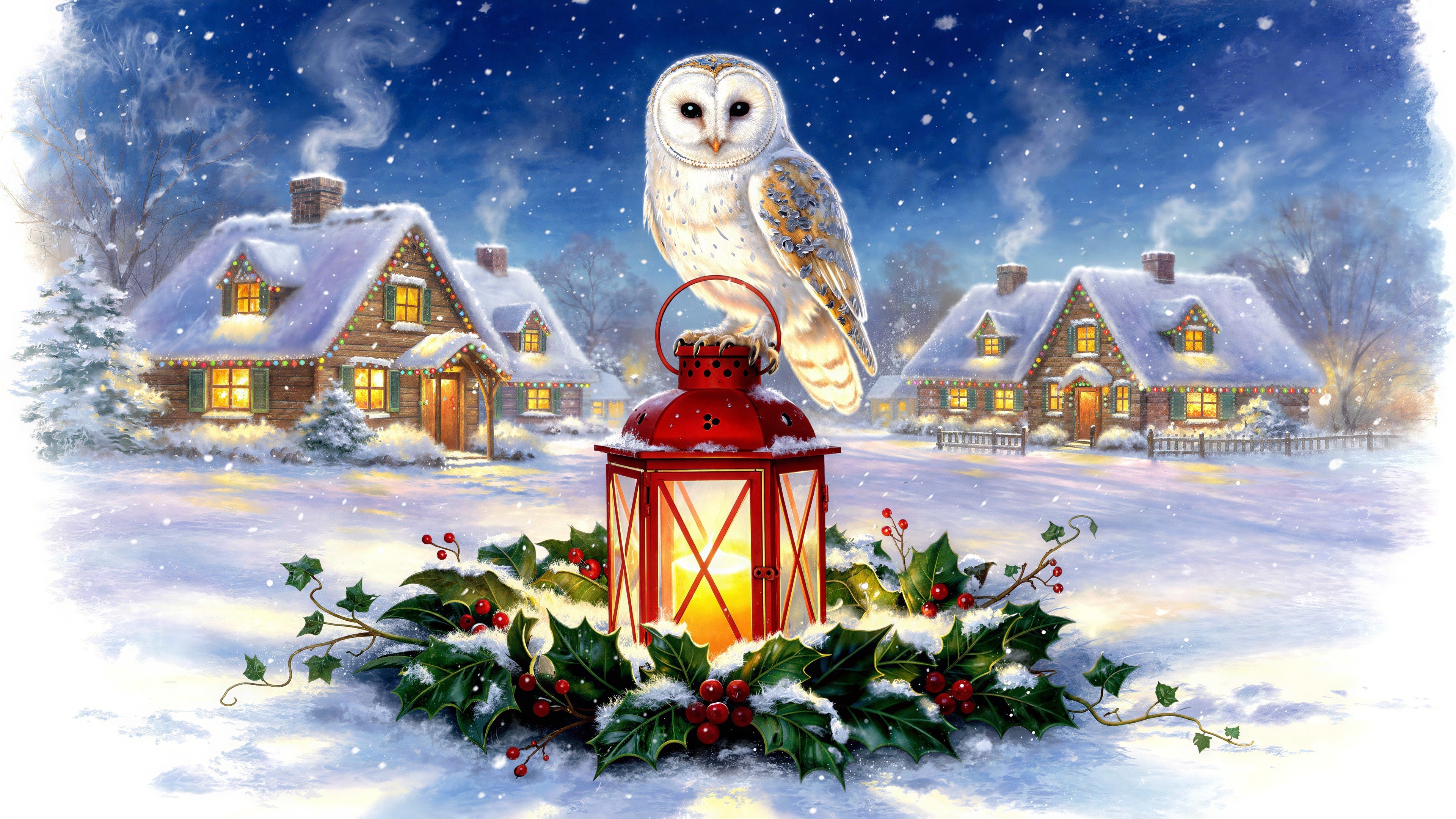 Detailed Painting of Barn Owl in Winter Village Scene