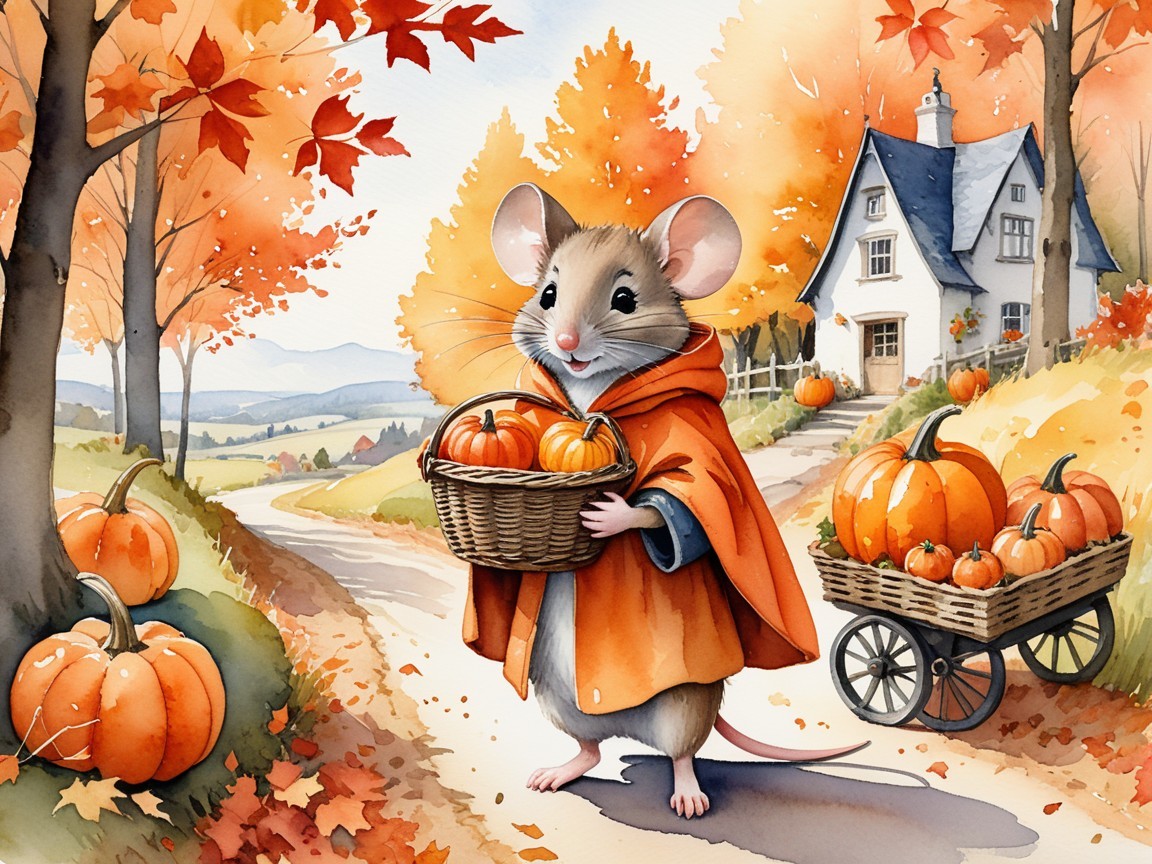 Charming Autumn Scene with Mouse and Pumpkins