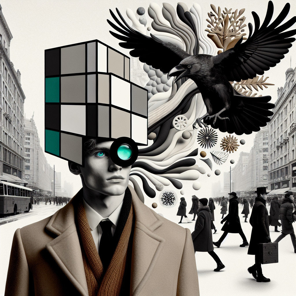Surreal Urban Scene with Cube Hat and Raven