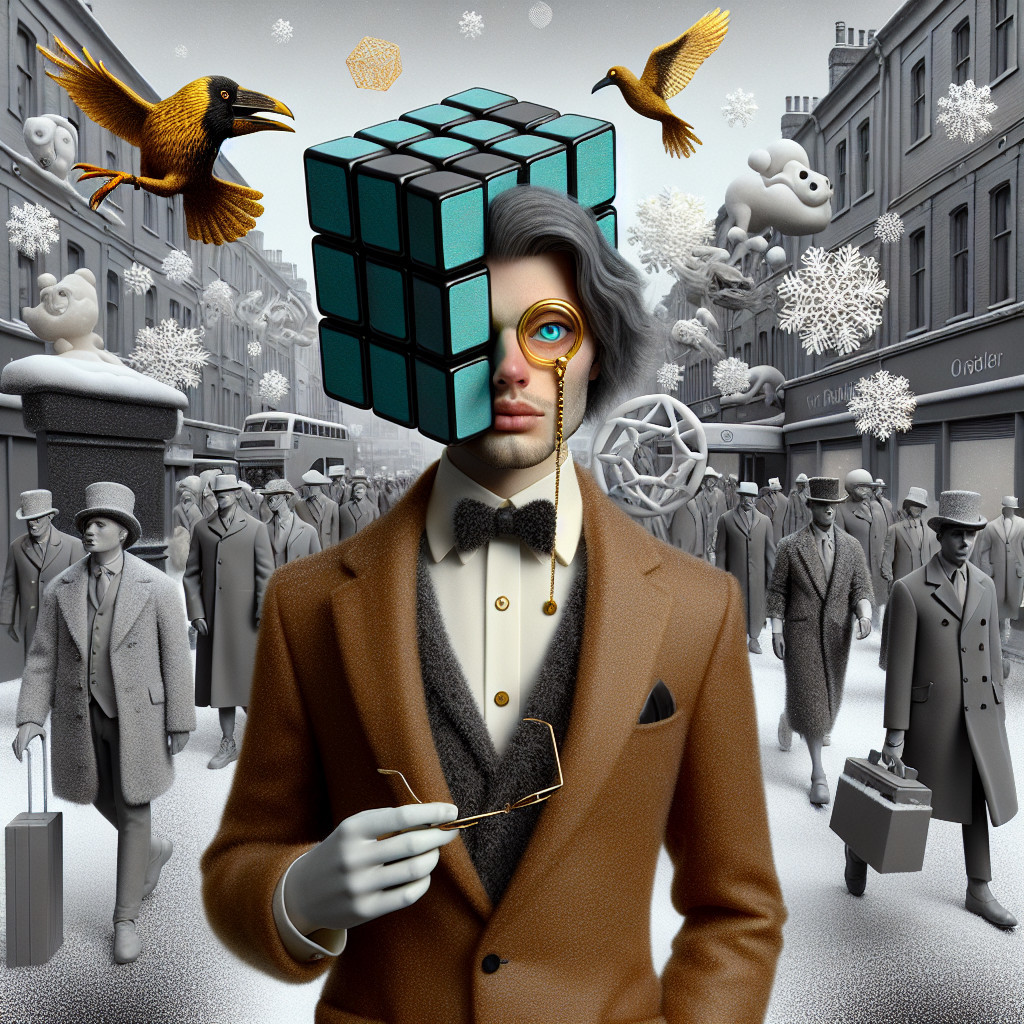 Surreal Cityscape with a Man and Rubik's Cube Head