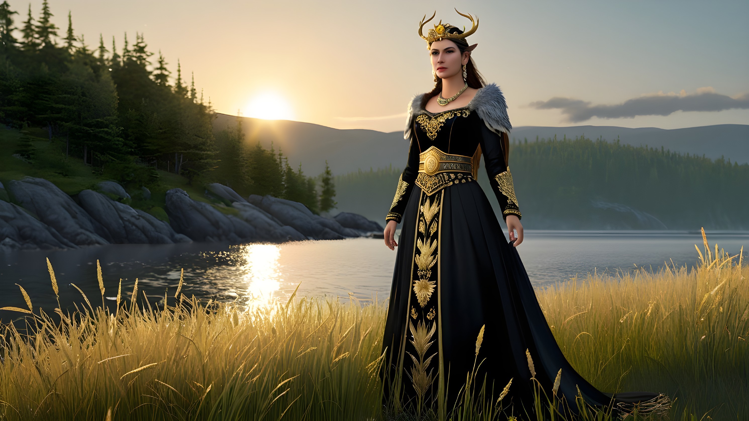 Regal Figure by Tranquil Lake at Sunrise