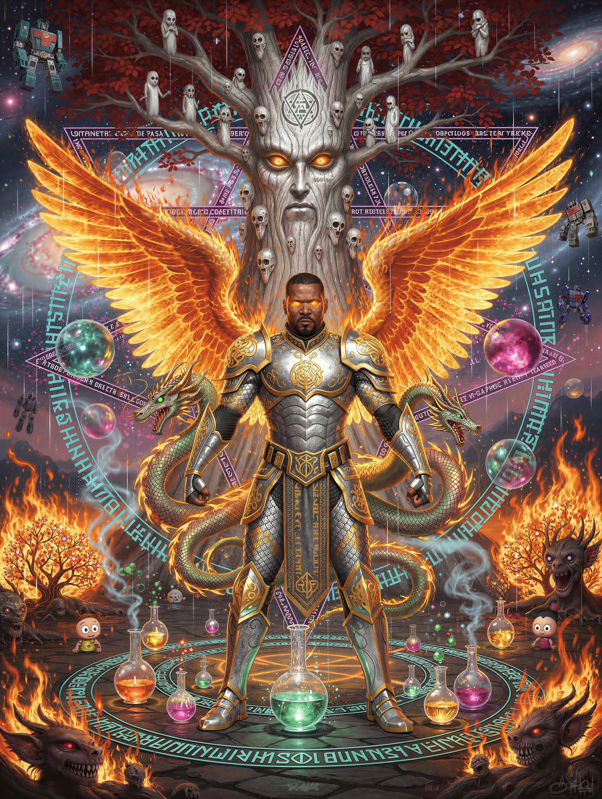 Epic Fantasy Art of a Man with Fiery Wings and Dragons