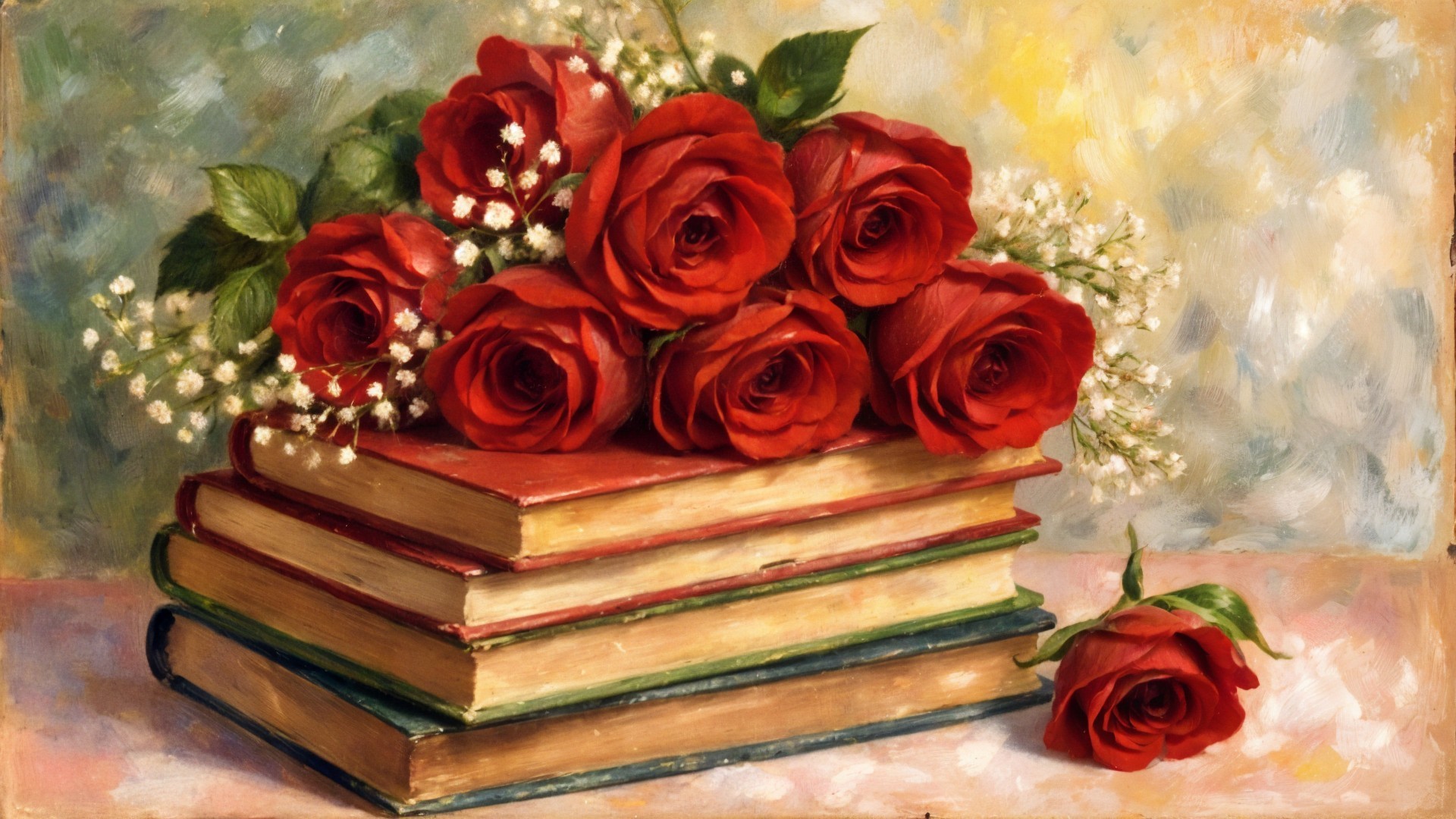Vintage Books and Red Roses Still-Life Composition