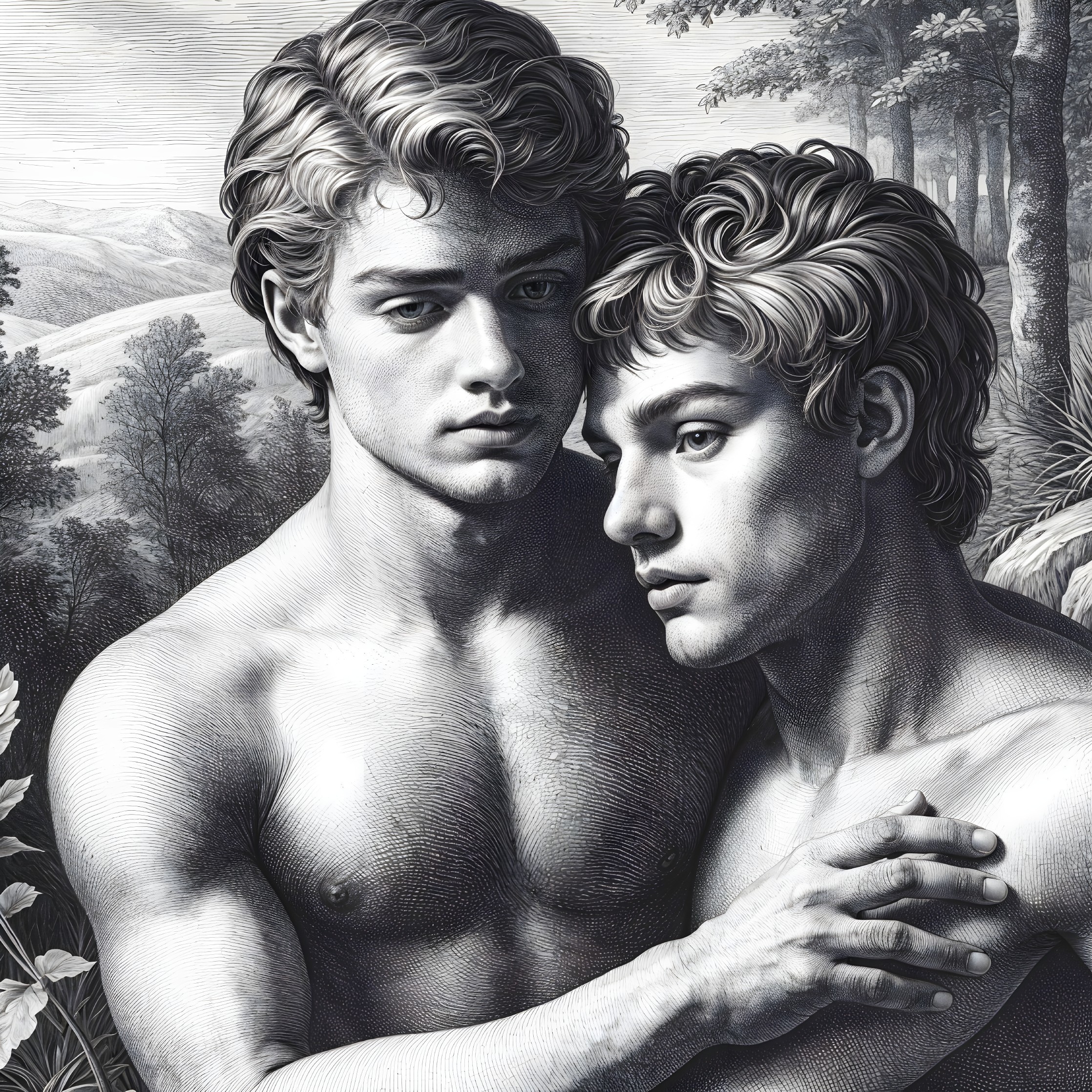 Young Men Embracing in Monochromatic Nature Scene