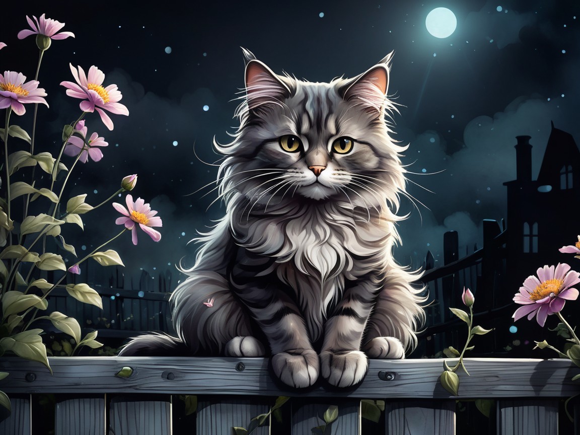 Cat on Wooden Fence Under Moonlight with Flowers