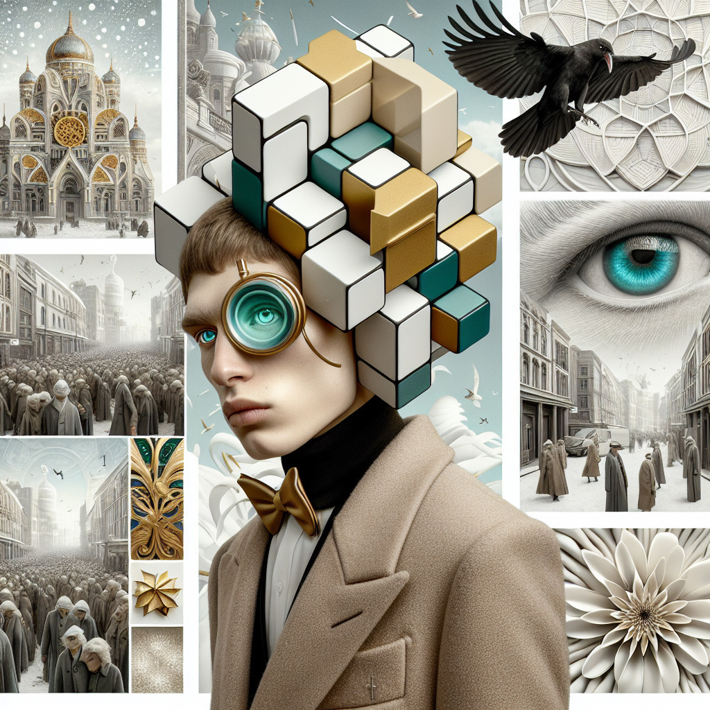 Surreal Collage with Geometric Hat and Monochrome Crowd