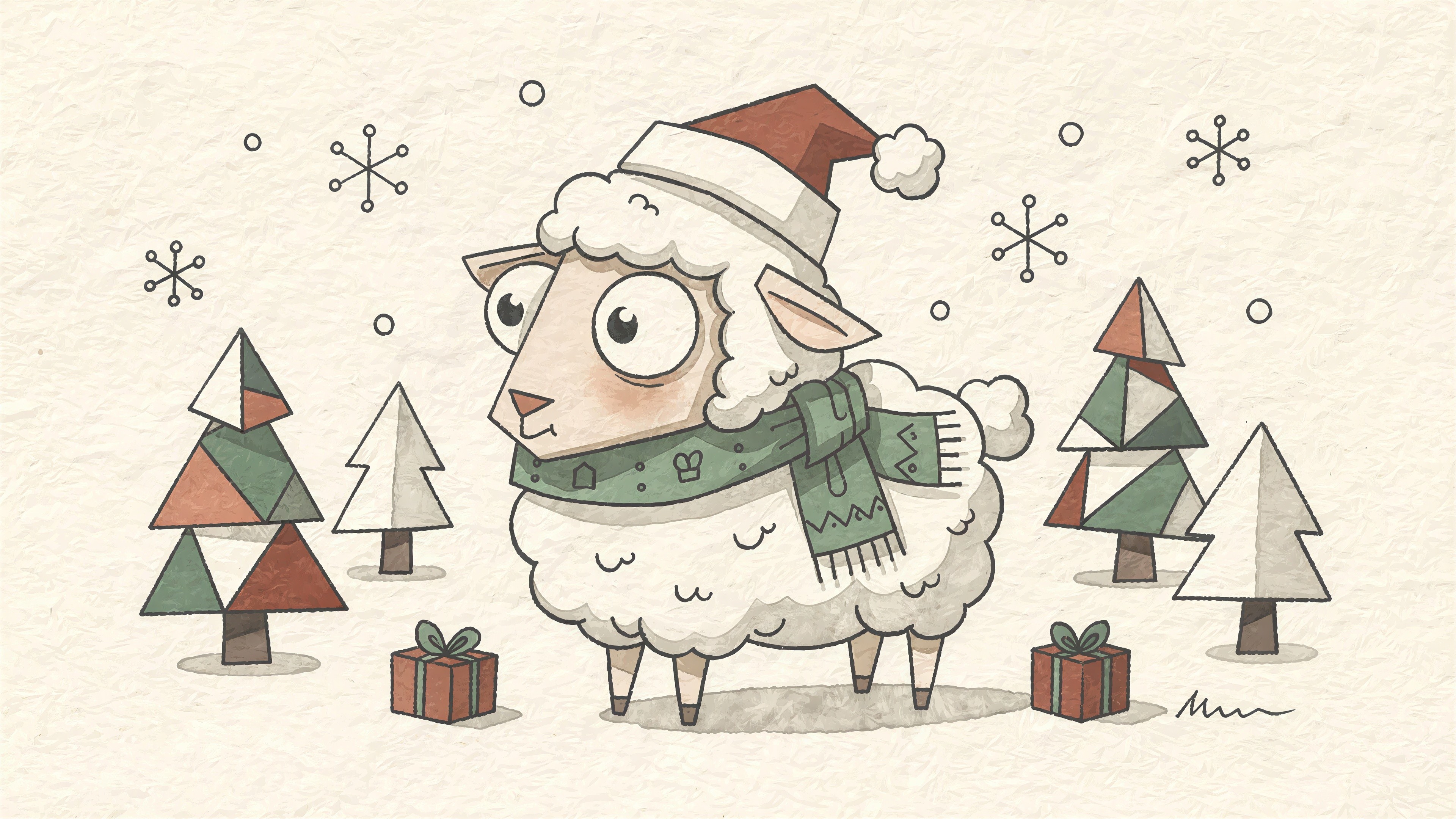 Watercolor Illustration of Cartoon Sheep in Christmas Scene