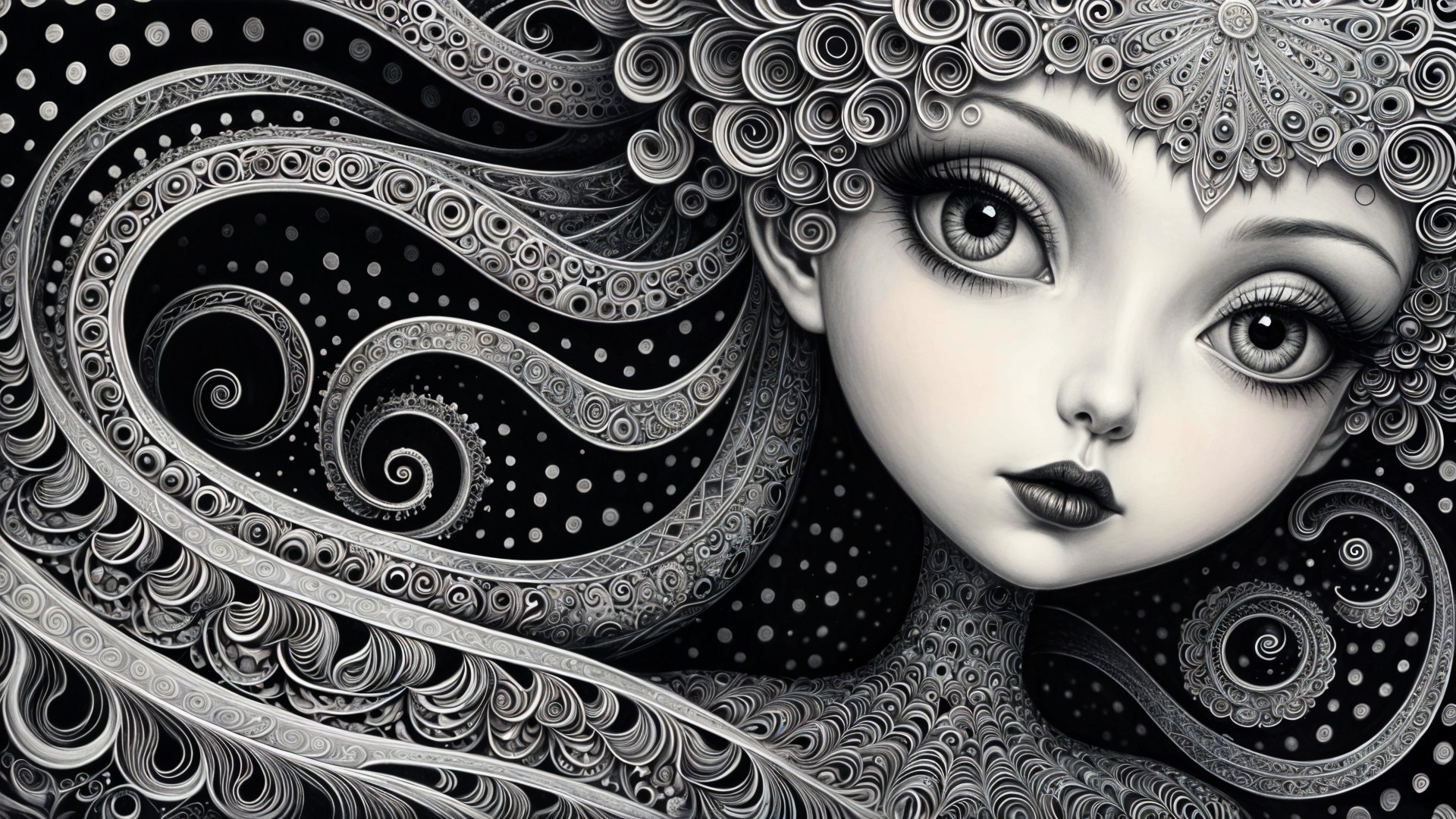 Monochromatic Portrait of a Girl with Abstract Hair