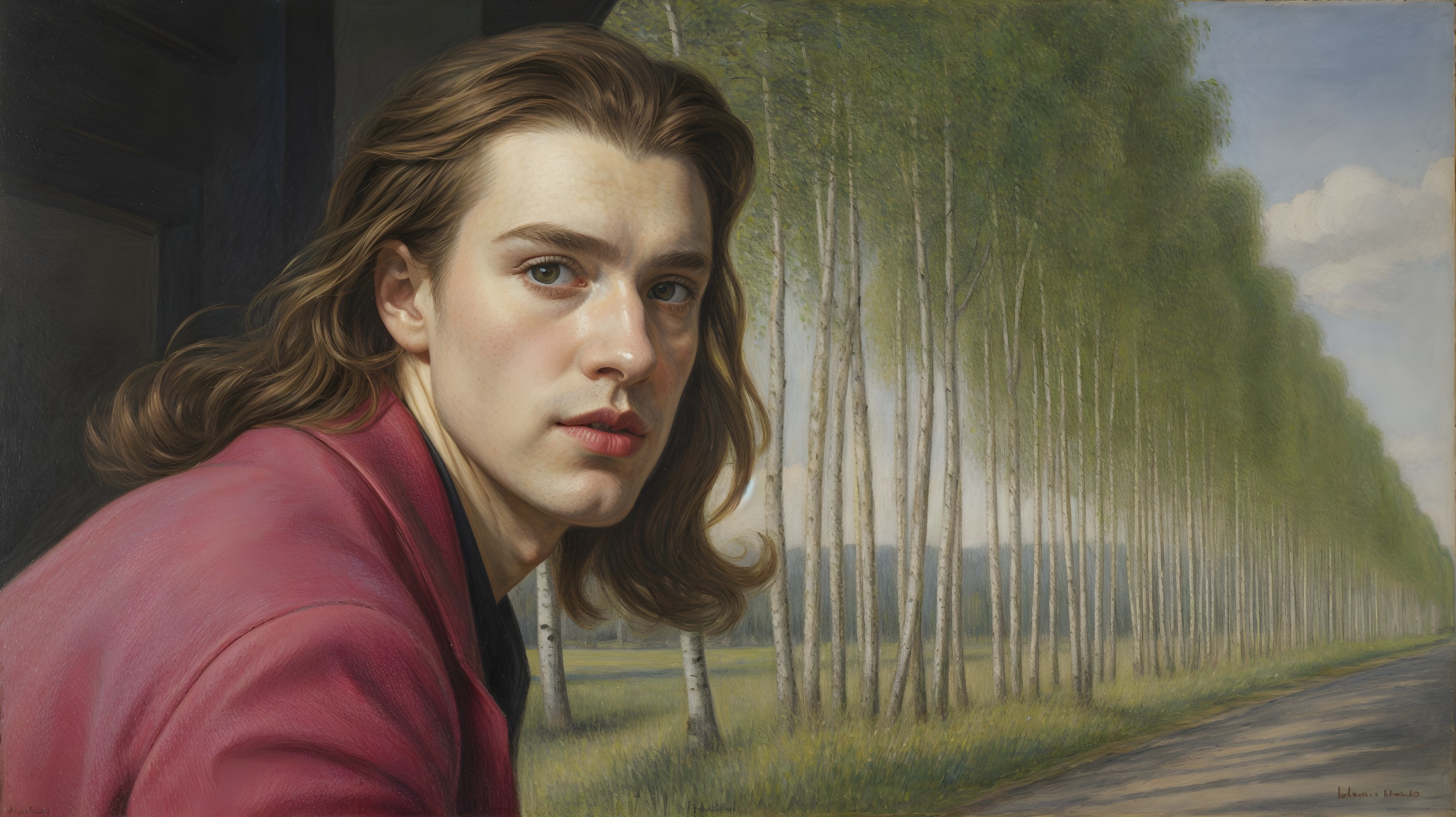 Young man in red jacket among birch trees backdrop