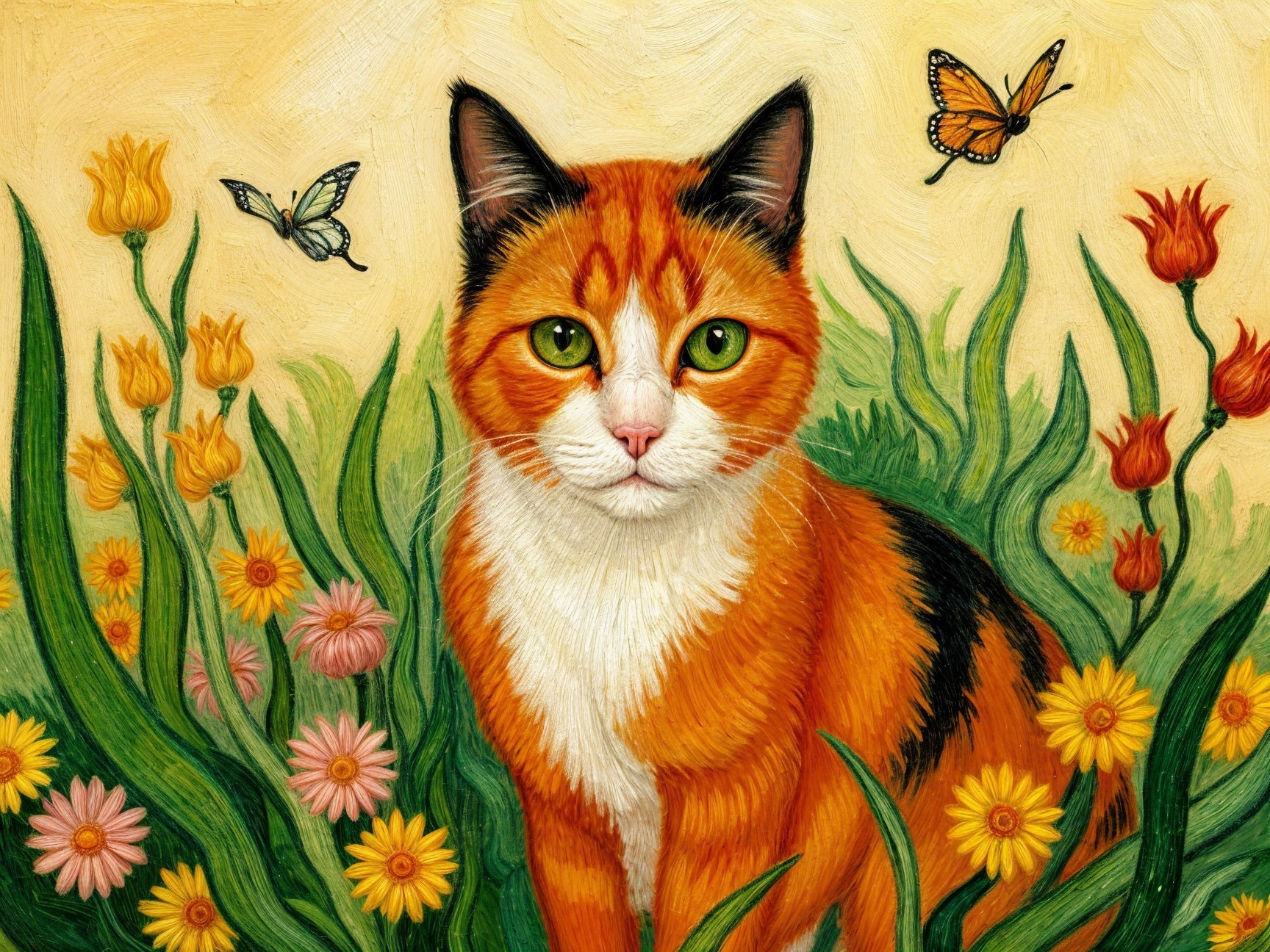 Orange Tabby Cat in Colorful Flower Garden Scene