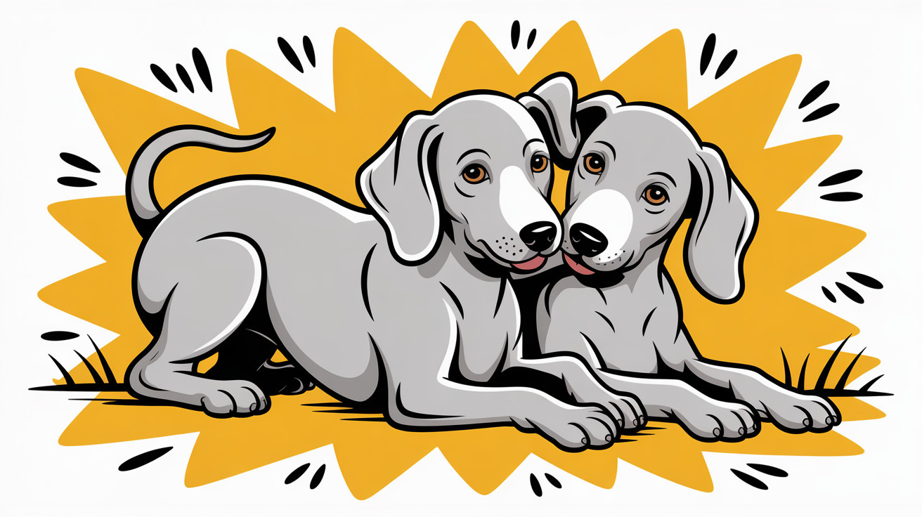 Gray Puppies on Yellow Background with Grass Illustration