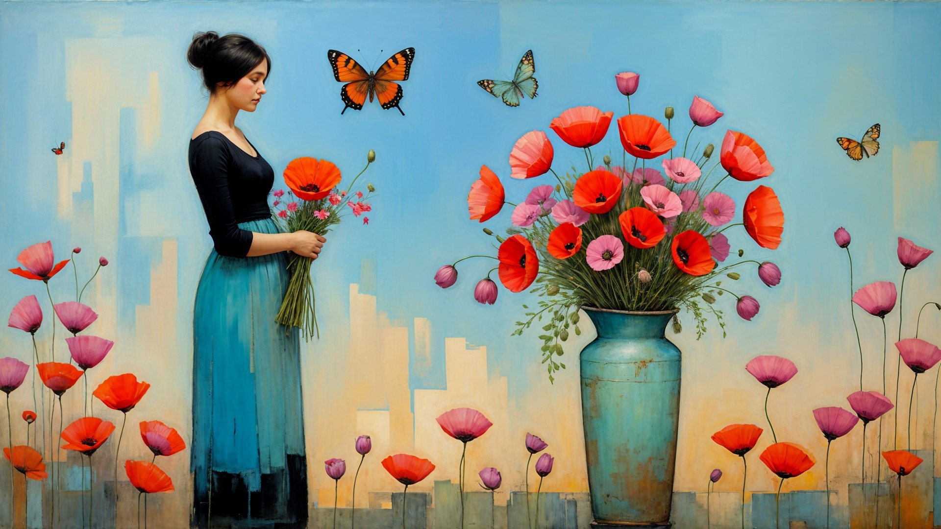 Woman in Black Top with Flowers and Butterflies