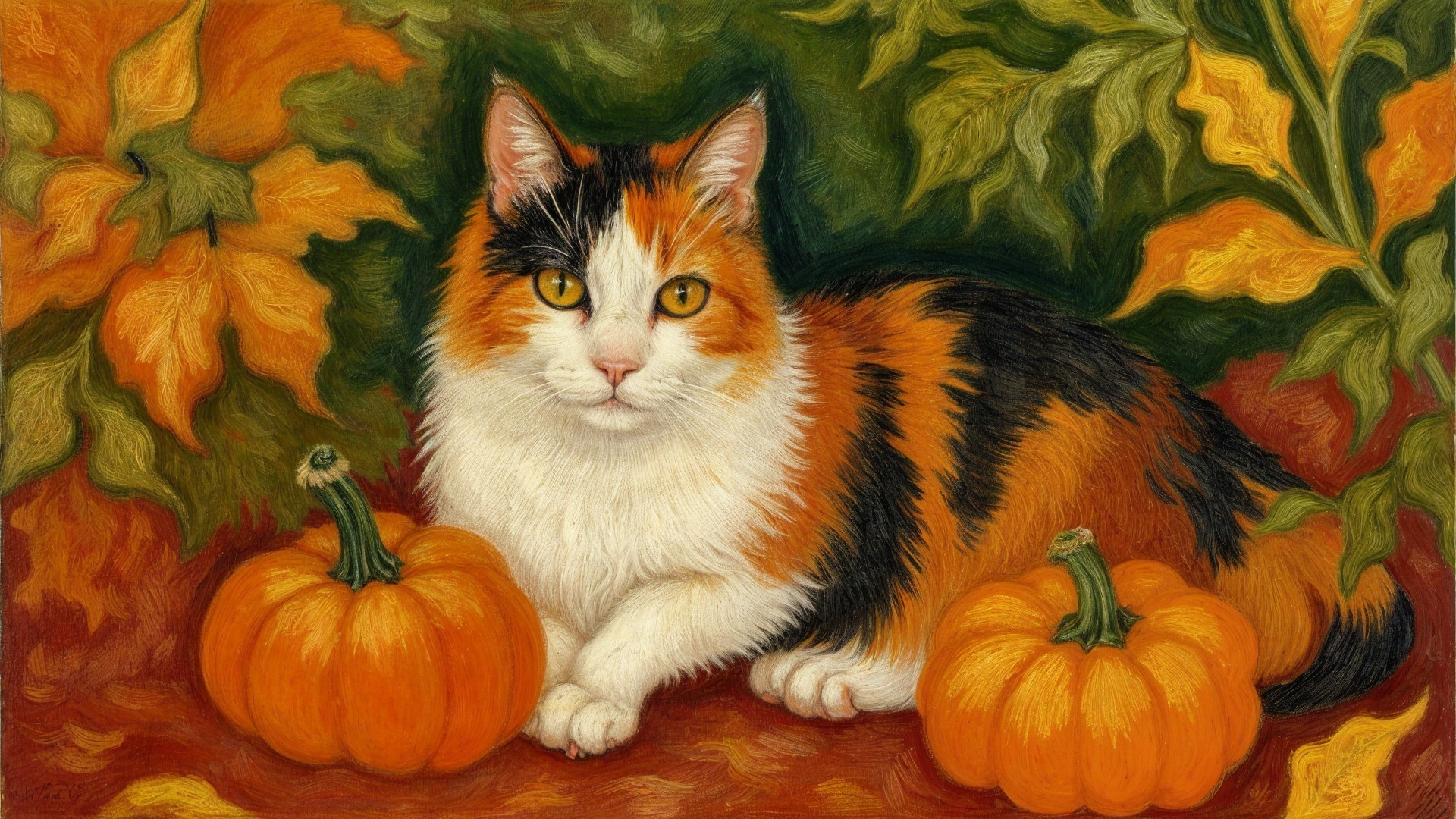 Calico Cat Among Autumn Leaves and Pumpkins