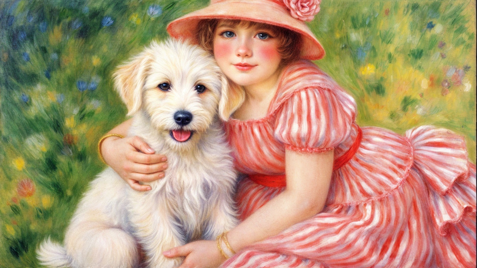 Young girl in pink dress with puppy in flower meadow