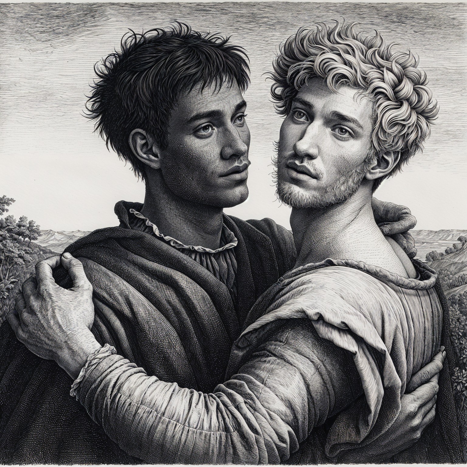 Tender Embrace of Two Young Men in Monochrome