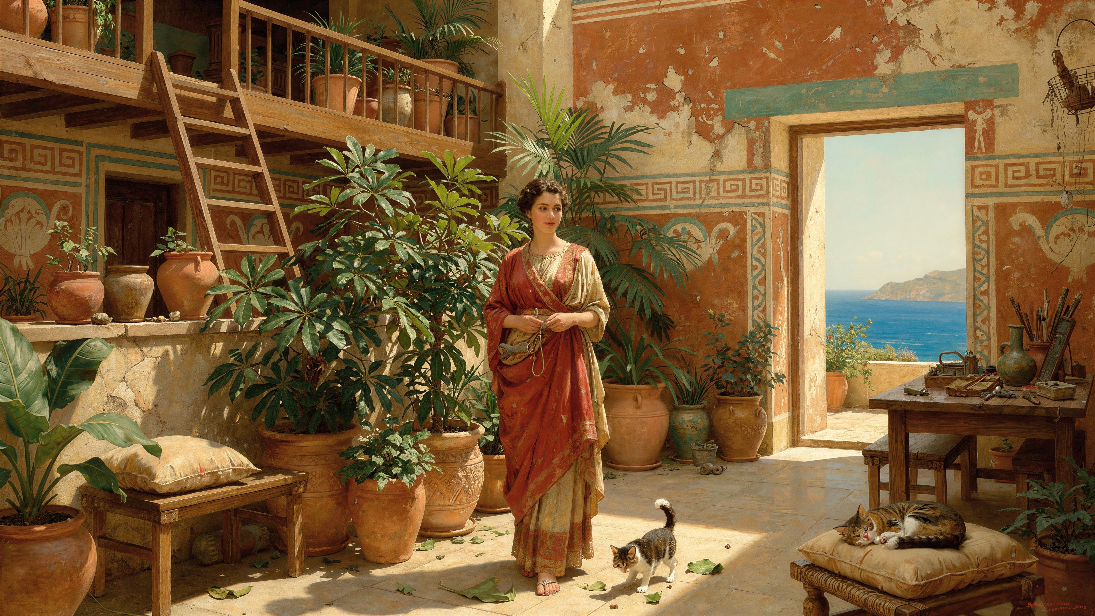 Oil Painting of a Young Woman in Ancient Courtyard