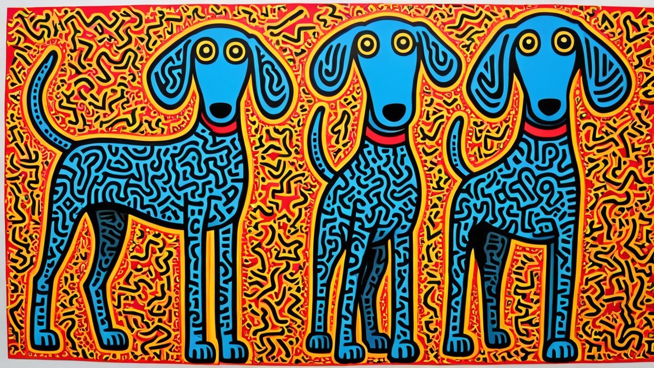 Cartoonish dogs with bright blue bodies and patterns
