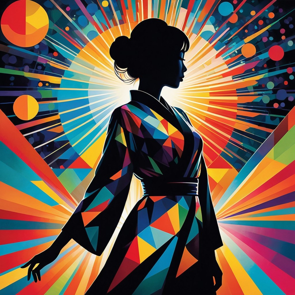 Colorful Silhouette of Woman in Kimono with Patterns