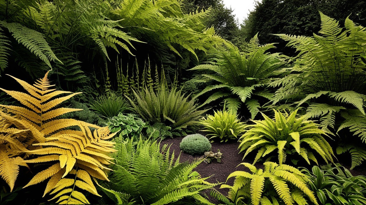 Vibrant Garden with Diverse Ferns and Lush Foliage