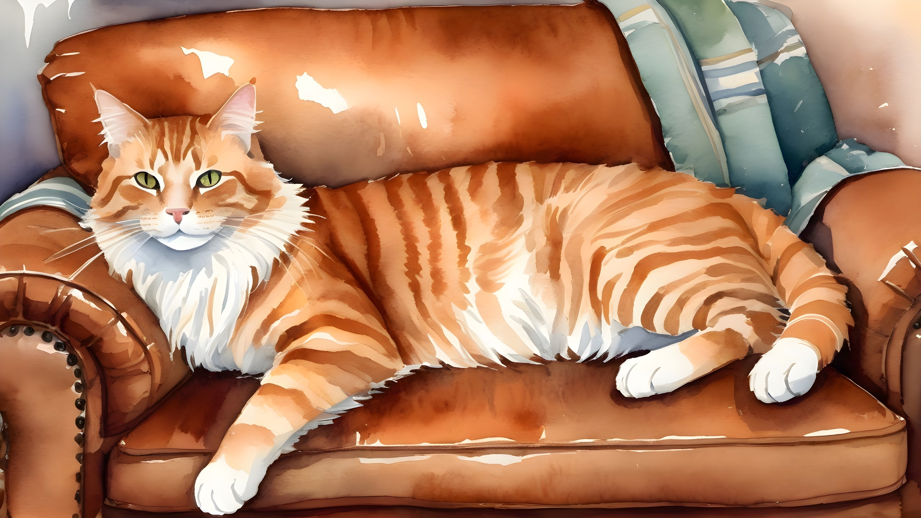 Fluffy Orange Tabby Cat on Plush Brown Sofa