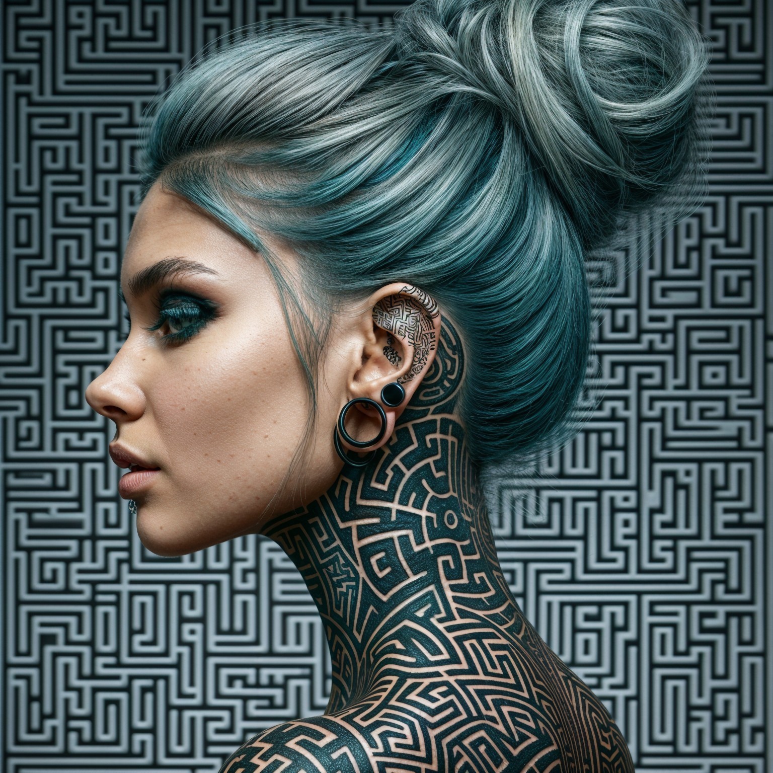 Young woman with blue hair and geometric tattoos