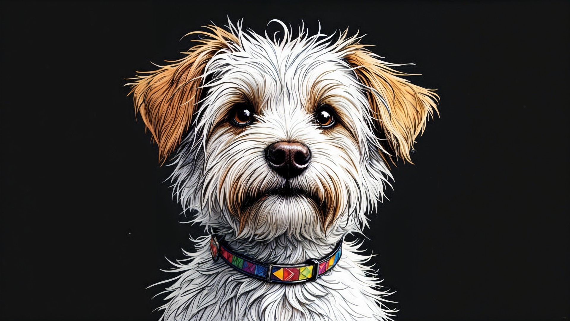 Fluffy White Dog with Brown Ears and Colorful Collar