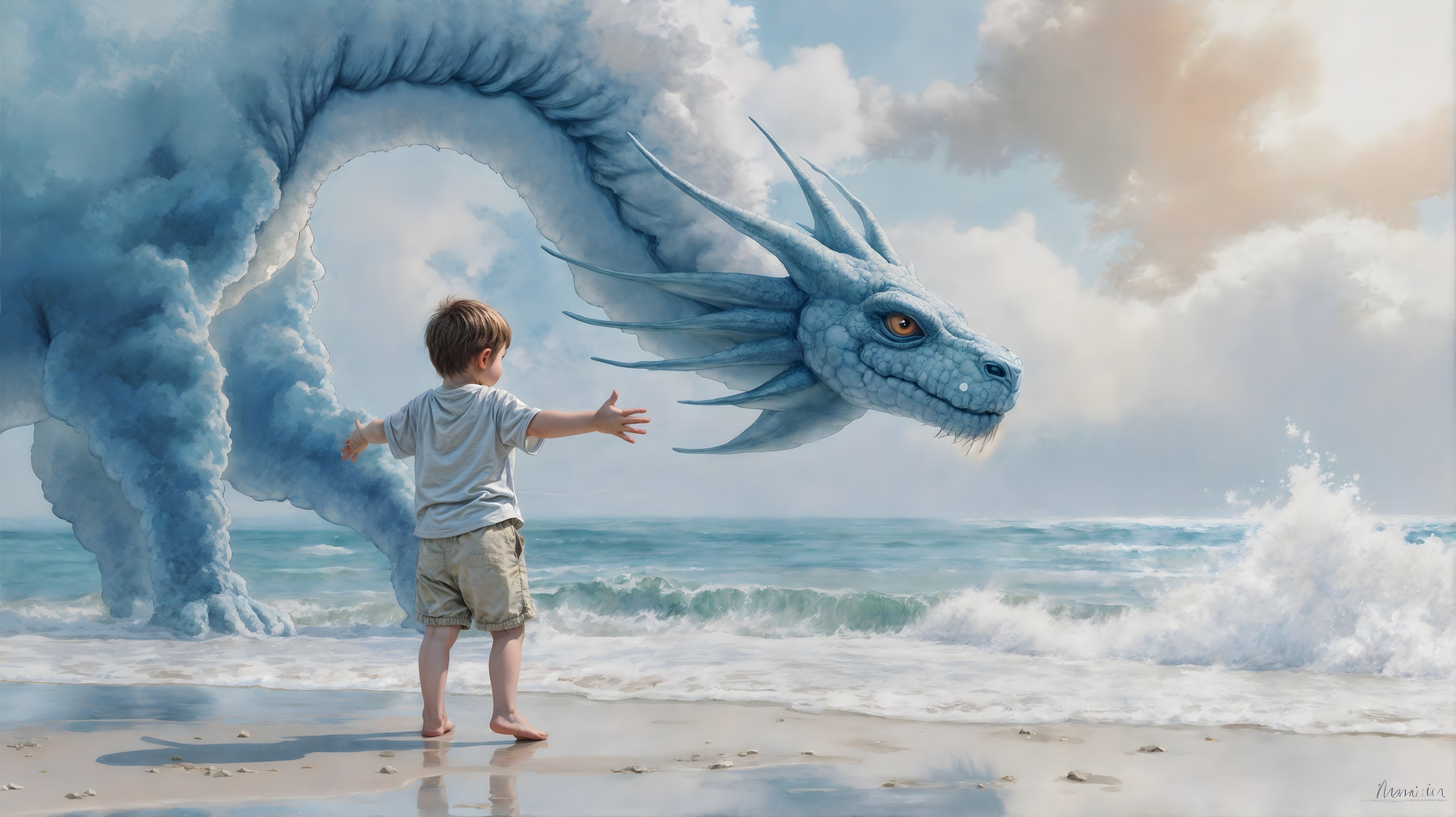Young boy on beach with cloud dragon in sky
