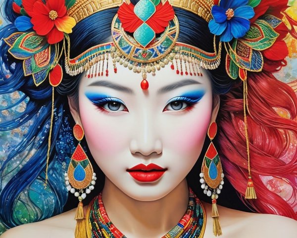 Vibrant Female Figure with Colorful Hair and Accessories