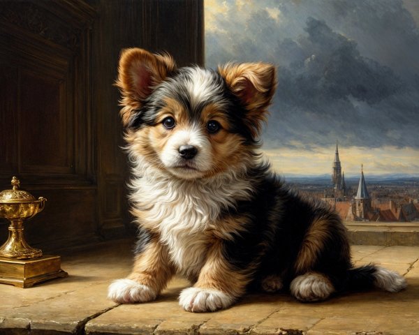 Fluffy Puppy on Stone Ledge with Elegant Interior
