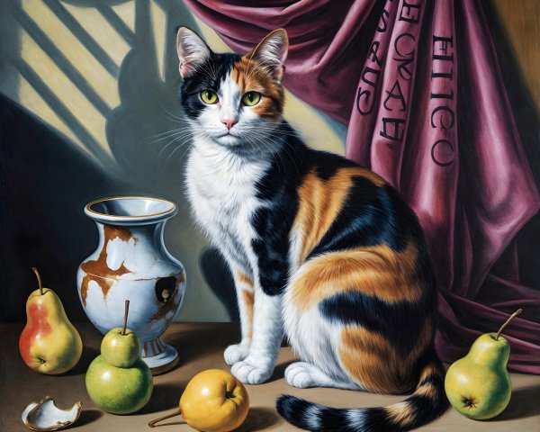 Detailed Painting of a Calico Cat on a Table