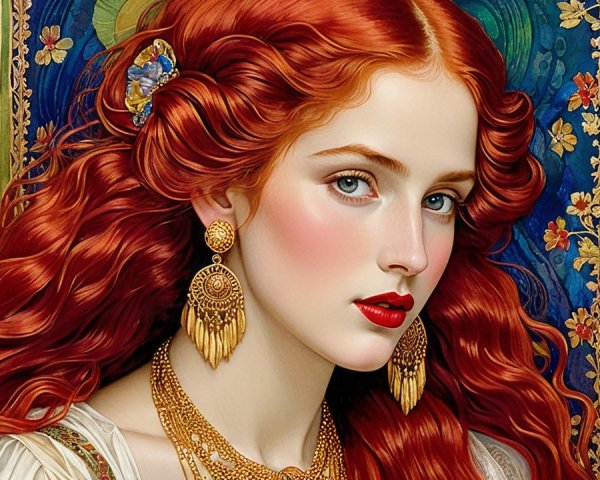 Elegant Woman with Red Hair and Floral Background