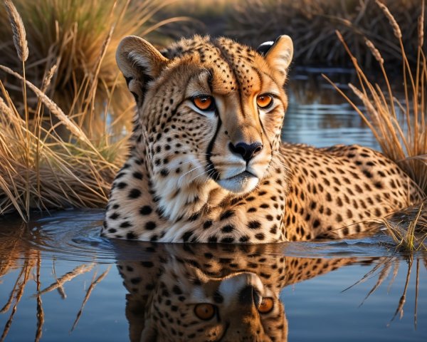 Cheetah in Water Surrounded by Tall Grasses
