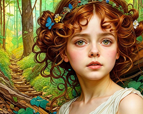 Young girl in forest with flowers and butterflies