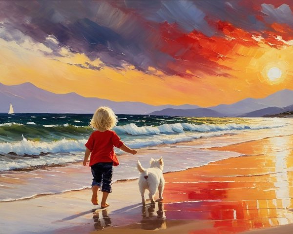 Child and Dog Walk on Beach at Sunset