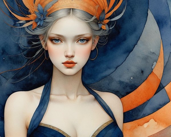 Captivating Woman with Fiery Headpiece in Watercolor