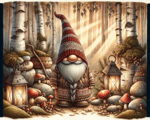 Whimsical Gnome in Serene Forest with Lanterns and Mushrooms