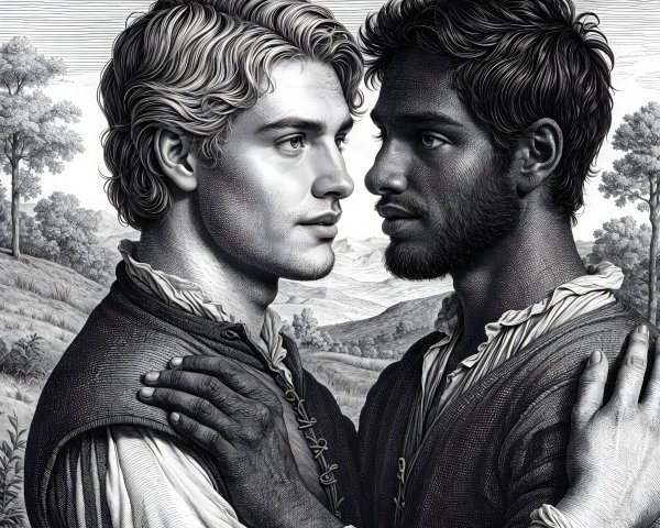 Two Men in Intimate Connection in Serene Landscape