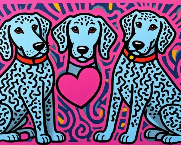 Stylized Dogs with Blue Fur and Black Spots on Pink