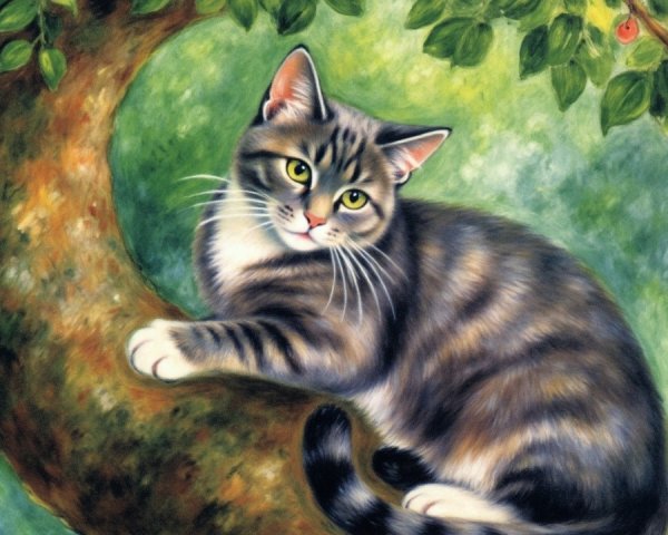 Realistic Painting of a Tabby Cat on a Tree Branch