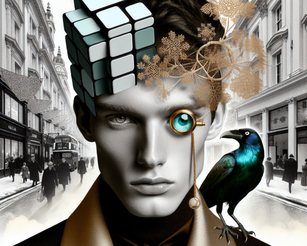 Surreal Portrait of Young Man with Rubik's Cube and Raven