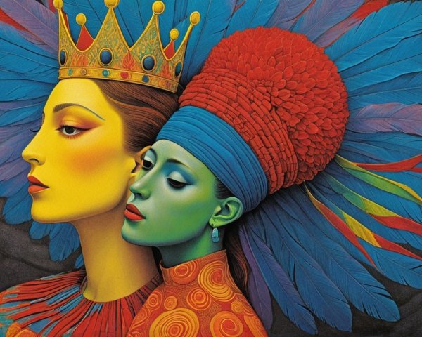 Artwork of Two Women with Vibrant Headpieces