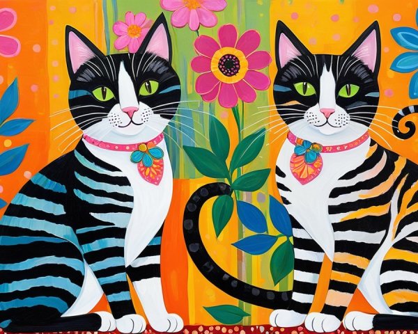 Colorful Stylized Cats Against Vibrant Floral Background