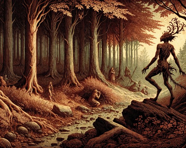 Mystical Forest Scene with Antlered Figure and Stream
