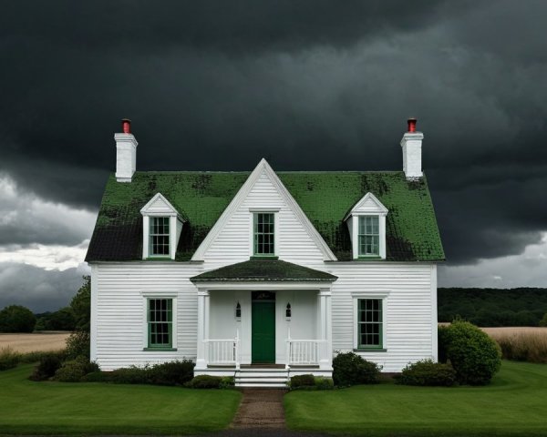 Charming White House with Green Roof in Open Field