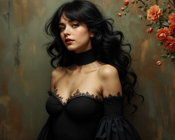 Young Woman in Elegant Off-the-Shoulder Top with Roses