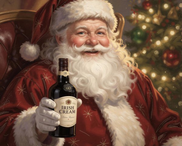 Oil Painting of Santa Claus with Irish Cream and Tree