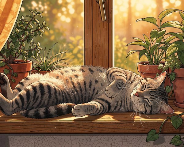 Tabby Cat Sleeping on Wooden Windowsill with Plants